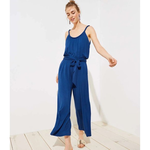 LOFT Pants - LOFT Jumpsuit S Blue Flowy Tie Waist Blue Jumpsuit Relaxed Soft Summer NEW